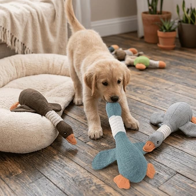 Squeaky Goose Dog Toy, Cotton Linen Blend Chew Toy for Small Medium Dogs and Cats, Interactive Play Toy with Teeth Cleaning Function(Blue)