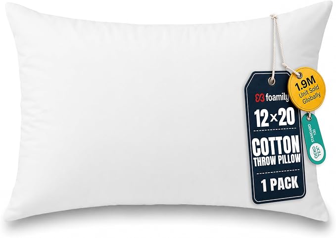 Foamily 12x20 Lumbar Pillow Insert, 100% Cotton Cover, Down Alternative | Cotton cover, plush down-alternative fill, machine washable Fits 12x20 lumbar covers Couch, bed, accent chairs