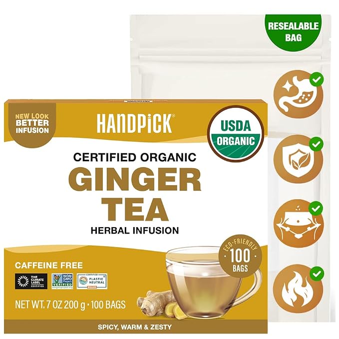 HANDPICK, Organic Ginger Tea Bags (100 Herbal Tea Bags), Caffeine Free & 100% Pure Ginger Root |Soothing & Spicy Blend | Round Eco Conscious Teabags