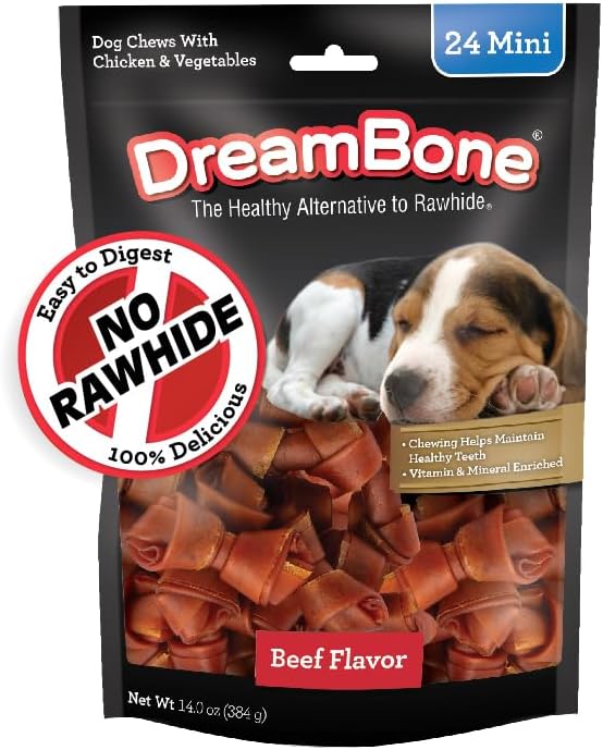 DreamBone Mini Bones Beef Rawhide-Free Dog Treats With Real Protein, 24 Ct | Daily Chew, Digests Safely and Completely, Made With Real Chicken, Veggies & Beef, For Adult Dogs