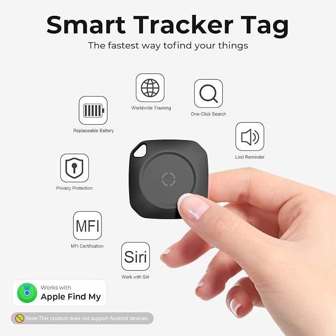Tracker Tags-4 Pack(iOS Only), ltem Finder Smart Tag Set Black | IP67 Waterproof, Loud Beep, Replaceable Battery, Smart Tag for Keys, Bags, Luggage, Pets, Wallet, Compatible with Find My APP