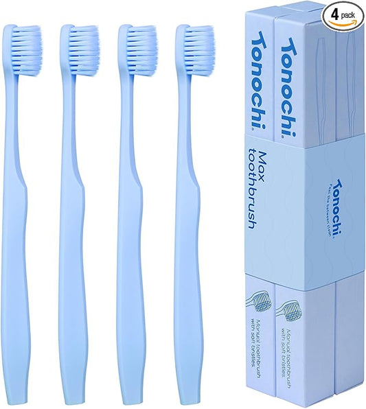 Tonochi Max Extra-Soft Toothbrush for Adults Sensitive Gums – Gentle Bristles, Wide Angled Head for Back Teeth, Ergonomic Non-Slip Grip, BPA-Free Handle, Individually Wrapped, 4-Pack(Blue)