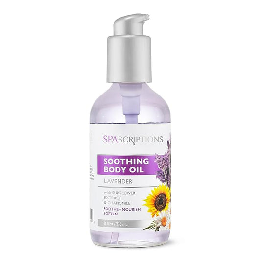 SpaScriptions Lavender Body Oil - After Shower Infused Body Oil with Sunflower Extract & Chamomile for Soft Calm Skin, Hydrating Lightweight Non-Greasy Daily Moisturizer in Premium Glass Bottle, 8 oz