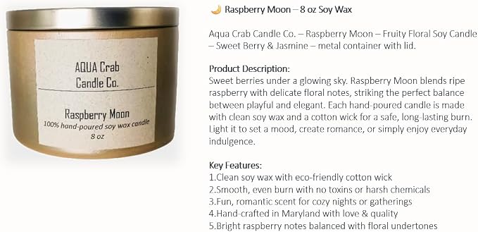 Raspberry Moon Soy Candle, Sweet Berry and Floral Scent, Hand-Poured, Cotton Wick