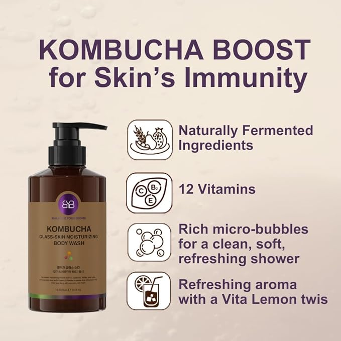 Kombucha Glass-Skin Moisturizing Body Wash, K-Beauty,Fermented soybean, barley, Pear Juice, Pomegranates,12 Vitamins, Nurishing, Cleansing, 16.9 fl.oz,No Silicone.Rich micro-foam gently cleanses