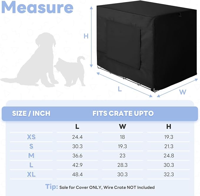 Seiyierr Dog Crate Cover for 42" Large Wire Dog Cage, Dog Kennel Cover with Double Door, Lightweight 600D Polyester Windproof Pet Crate Covers, Machine Wash & Dry, Black
