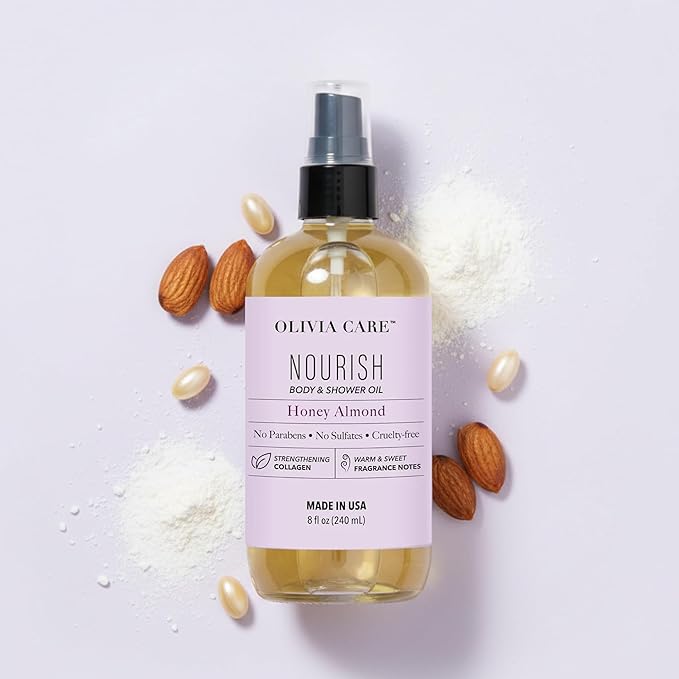 Olivia Care Body & Shower Oil – Vegan Hydrating Body Oil for Soft, Smooth Skin | Moisturizing Shower Oil with Collagen Support | Honey Almond Warm Sweet Fragrance