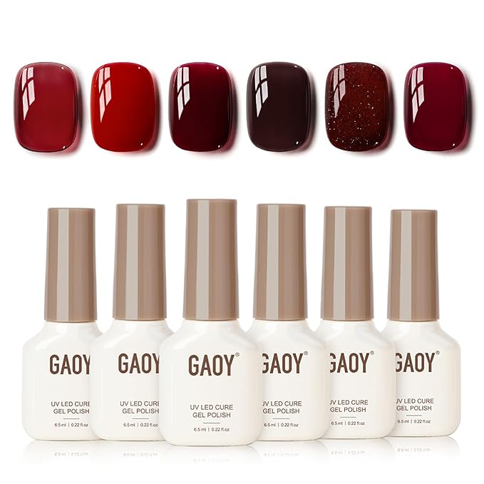 GAOY Red Gel Nail Polish Set, 6 Colors Burgundy Cherry Jelly Glitter Dark Red, UV Cure Gel for DIY Manicure at Home