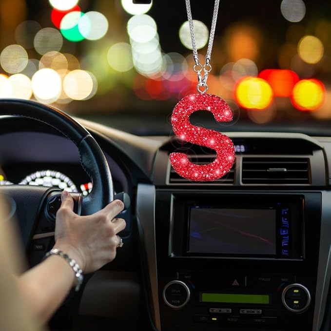 Bling Car Mirror Hanging Accessories - Letter S, Crystal Rhinestone Diamond Rear View Mirror Hanging, Cute Lucky Girl Car Accessories (Red)
