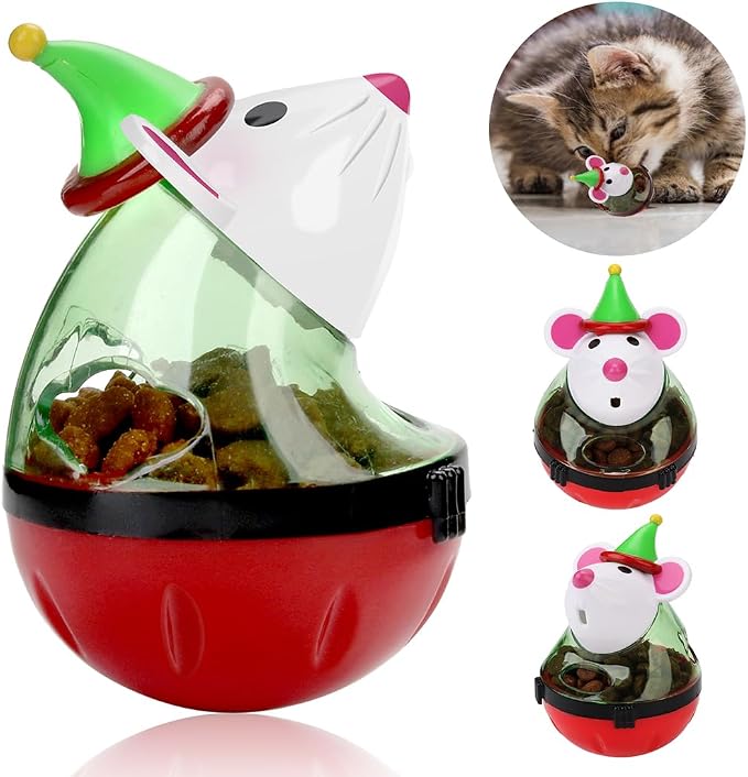 2Pcs Cat Christmas Treat Balls with Tumbler Mouse Toy, Dispenser for Snacks and Dry Kibble, Pet Enrichment Play Ball for Cats