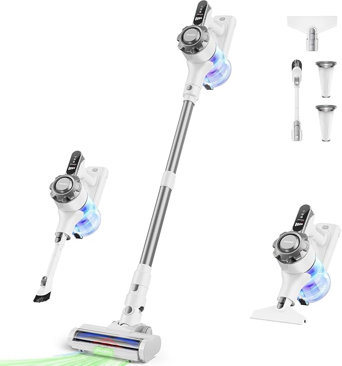 Trucozie Cordless Vacuum Cleaner, 8-in-1 Lightweight Stick Vacuum with 45mins Runtime, Powerful Suction, Green Light & Self-Standing Vacuum Cleaners for Home, Hardwood Floors, Carpet, Pet Hair,White