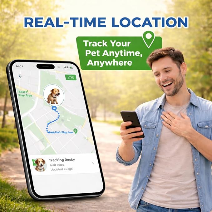 Pet GPS Tracker for Dogs, Real Time Location Tracking Device Lightweight Waterproof Collar Tracker with App Long Battery Life Subscription Required
