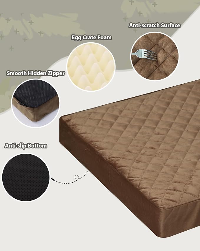 NUPIDA Orthopedic Large Dog Bed for Crate with Washable Cover, 35x22, Brown | Egg-Crate Foam, Cozy Velvet Pet Mattress, TPU Waterproof Layer, Flat Kennel Pad, Comfy Support, Non-Slip Bottom