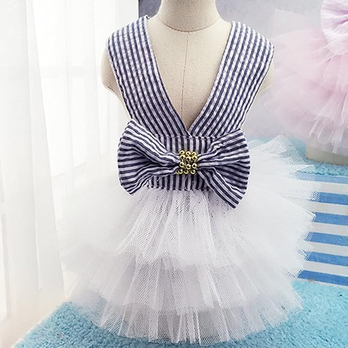 Dog Dresses, Fashion Pet Dog Clothes, Striped Mesh Puppy Dogs Princess Dresses (Blue, Small)