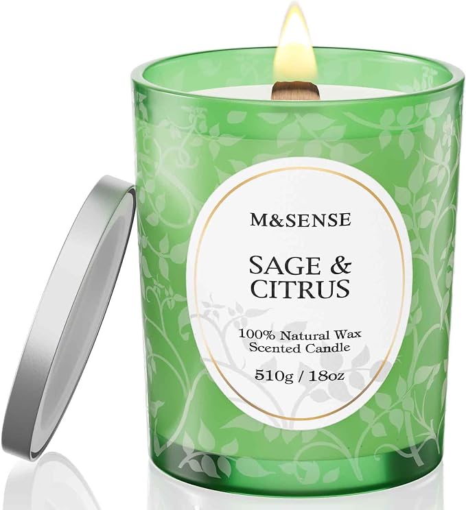 M&SENSE Sage Citrus Soy Candle, Cracking Wooden Wick 18oz | 100 Hours Long Lasting, Clean Burn, Winter Aromatherapy, Non-Toxic, Relaxing Gifts For Women