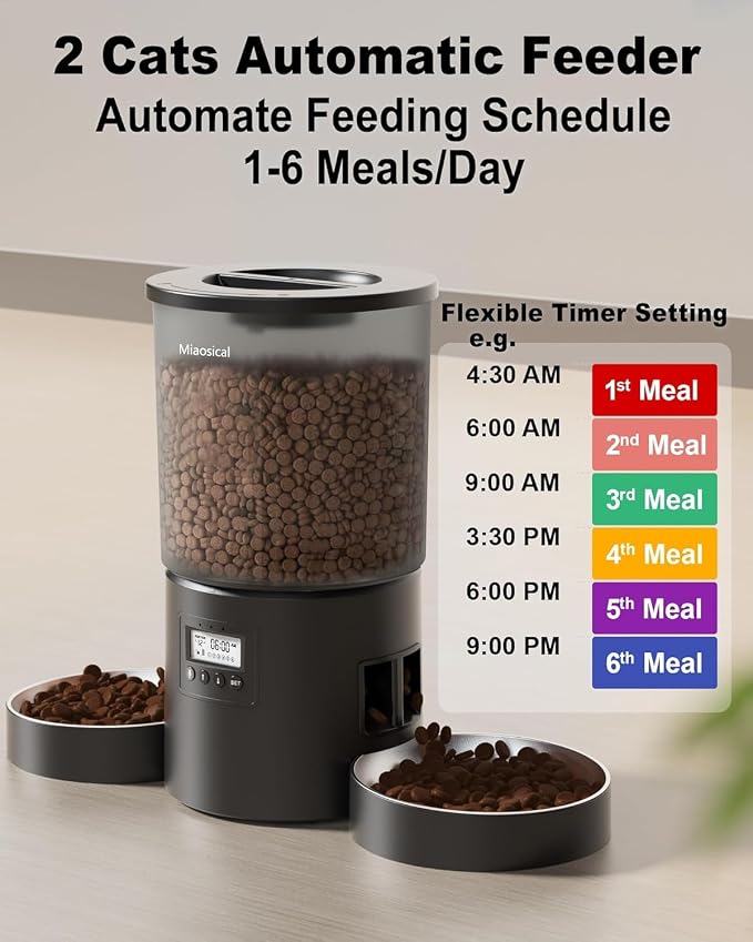 Dual Automatic Cat Feeder 2 Cats, 4.2L Dry Food Auto Dispenser with Double Stainless Steel Bowls,Dual Power Supply,Programmable Portion Control,10s Voice Recorder (Transparent Black)