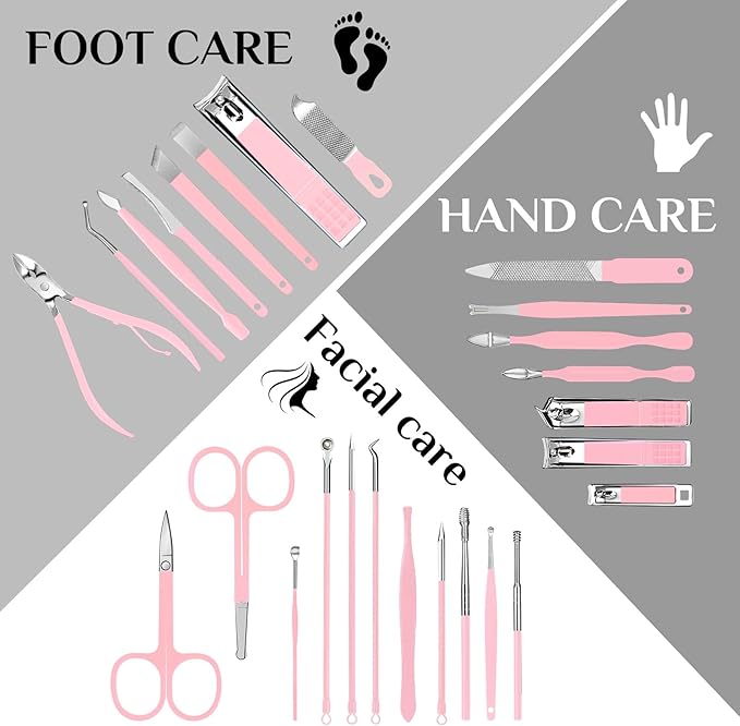 MINKINH Manicure Set Professional Nail Clipper Kit-26 Pieces Stainless Steel Manicure Kit,Nail Care Tools with Luxurious Travel Case Nail Grooming Kit Present for Wife, Girlfriend(Pink)