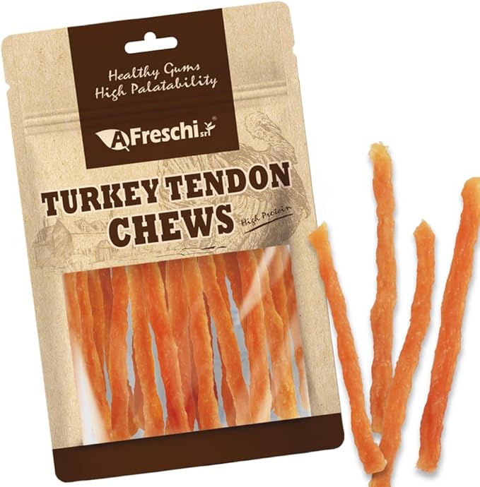 AFreschi Turkey Tendons Dog Treats, Soft Strips with Pumpkin, 3.5 oz | Rawhide-Free Puppy Chews