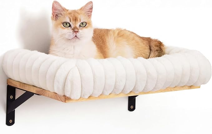 FUKUMARU Cat Wall Shelves, 17 x 10 Inch, Soft Cushion | Solid Rubber Wood Floating Shelf with Upgraded Installation, Kitten Wall Furniture for Sleeping, Playing and Scratching