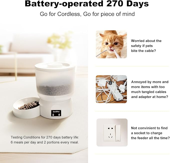 Automatic Cat Feeder with 270-Day Battery Life, Rechargeable Auto Cat Feeder with Slow Feed Mode & Very Quiet Dispensing, 2.5L Bluetooth Small cat Food Dispenser for Cats & Small Dogs
