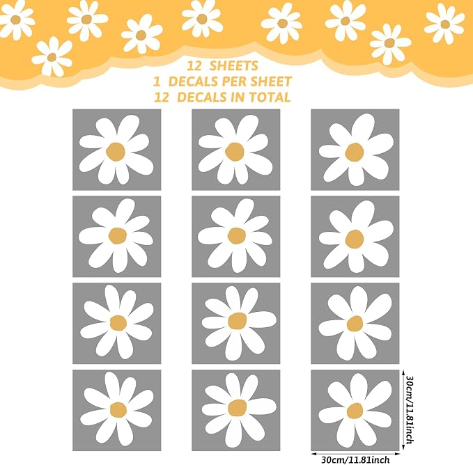 TaoBary 12 Sheet Daisy Wall Sticker Decal,White, Yellow,Vintage Style | Big Flower Wall Sticker, Pink White Floral Decal, Daisy Bedroom Room Decor, Removable Peel and Stick, Nursery Home Wall Decor