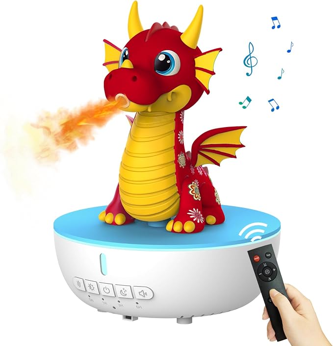 Aromatherapy Dragon Humidifier, 200ML Essential Oil Diffuser with Remote & Timer, White Noise Machine with 10 Soothing Sounds, Cute Small Humidifiers for Kids Bedroom, Home, Office (Red)