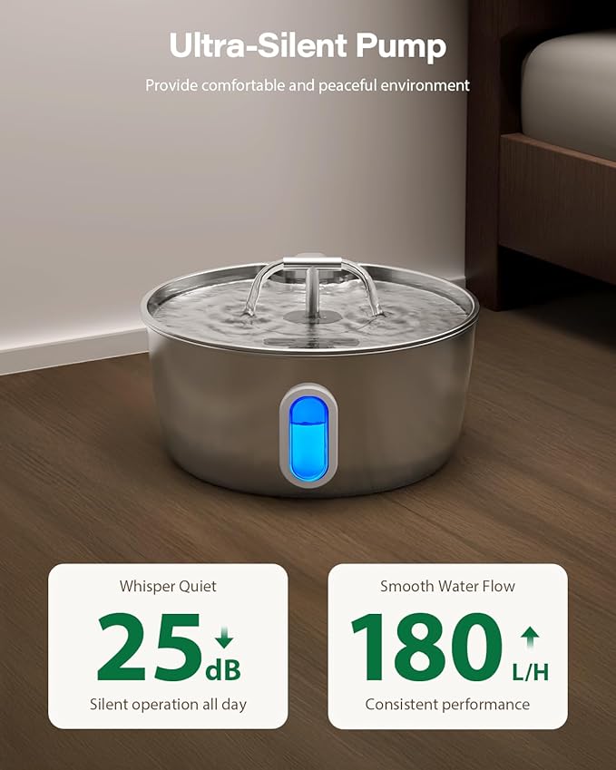 Stainless Steel Cat Water Fountain - 3.2L/108oz Cat Fountain for Drinking | Quiet Pet Water Fountain for Cats Indoor - Automatic Pet Water Bowl Dispenser - for Kitty & Small Dog (4 Filters)