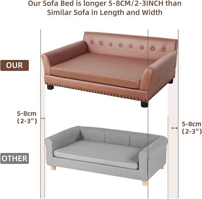 Large Leather Dog Sofa: Scratch Resistant Pet Couch up to 77lbs | Luxury Modern Indoor Dog Furniture, Elevated Wooden Frame Doggie Lounge Bed for Large Pet, Replaceable Cover, Easy Clean