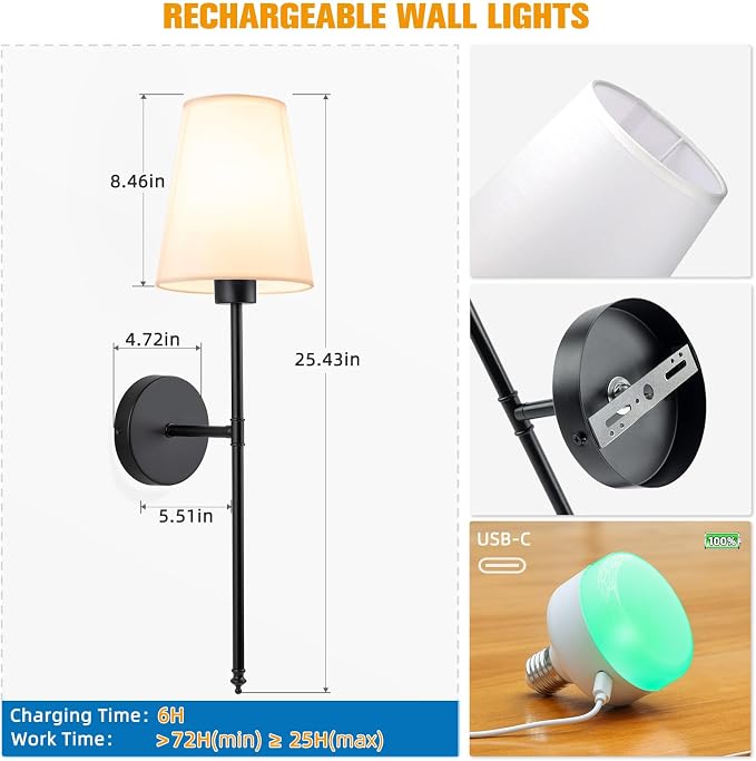 25.4 inch Battery Operated Wall Sconce Set of 2,Black Rechargeable Wall Lights with 10400mAh Dimmable Detachable Bulbs and Remote,9 Colors Wireless Sconces for Bedroom Living Room Hallway