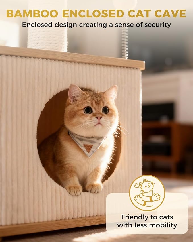 Small Cat Tree for Indoor Kittens, 30" Compact Modern Cat Tower | Natural Bamboo Cozy Condo, Soft Padded Perch, Sisal Scratching Post, Dangling Ball Toy, Stable Base, for Cats up to 15 lbs