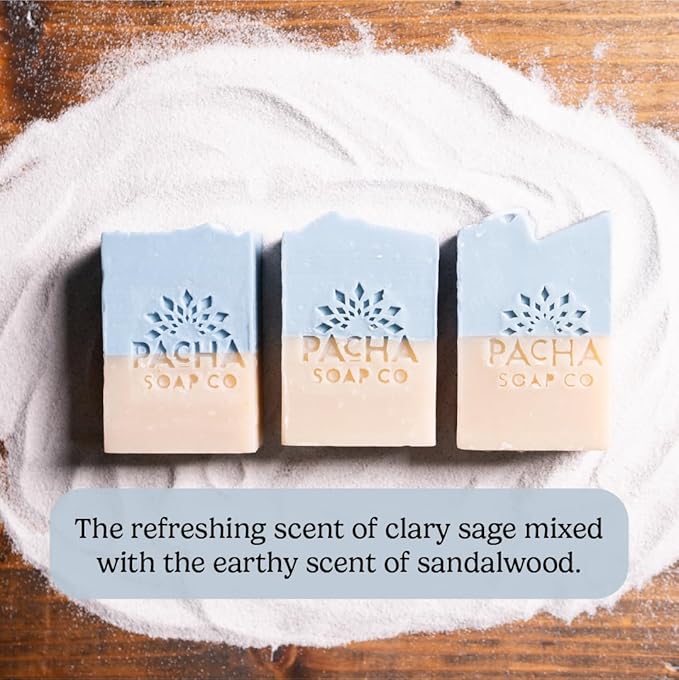 Pacha Soap Co. Bar Soap, Sand & Sea, 3-Pack (4 oz ea) - Scents of Clary Sage & Sandalwood, Premium, Handcrafted, Hydrating, Natural Face Wash, Hand Cleanser, Body Wash, Soothing Essential Oils