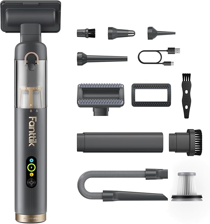 Fanttik Slim V10 APEX Cordless Car Vacuum, 4-in-1 Portable Mini Handheld Vac, Upgraded Smart Digital Display, 19kPa Suction Power, 2 Suction Modes for Small Jobs, Car, Office Desk, Keyboards (Gray)