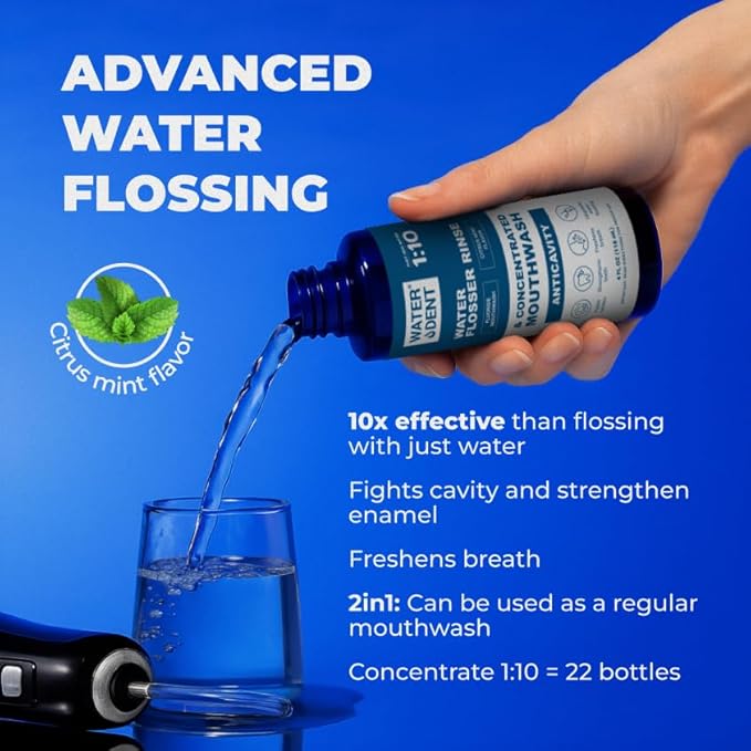WATER DENT Fluoride Mouthwash and Water Flosser Аdditive | Add to Oral irrigator | Citrus Mint Flavor | Alcohol Free, Made in USA | Concentrated 1:10 = 44 fl.oz