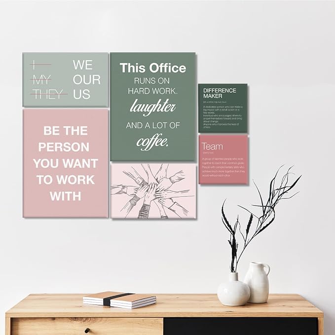 YEOION Motivational Office Wall Art,Inspirational Teamwork Wall Art for Office,Light Pink And Green Positive Teamwork Wall Decor for Workplace Set of 6
