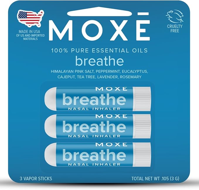 MOXE Breathe | Himalayan Salt Inhaler | Help Clear Congestion, Boost Focus and Improve Breathing | Natural Aromatherapy | Peppermint, Lavender and Tee Tree Essential Oil (3 Pack)