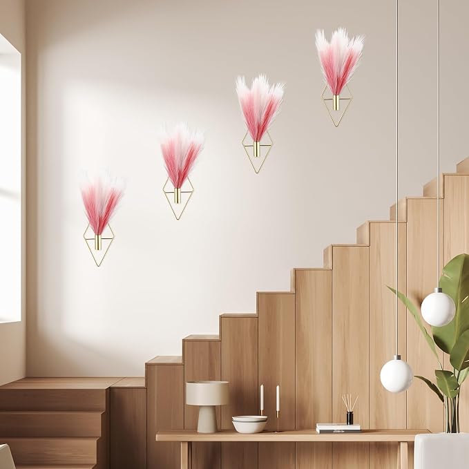 Hanaive 4 Sets Boho Wall Decor Metal Wall Art Hanging Planters with Artificial Pampas Display Modern Home Vase for Bedroom Home Office(Sweet,Bean Paste Color, Beige, Light Pink)