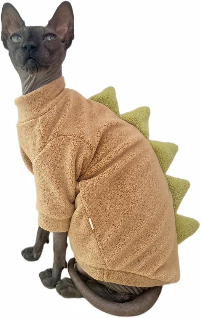 Khaki Dinosaur Sphynx Cat Clothes Sweater Hairless Cat Apparel | Soft, Elastic, Warm Polar Fleece,Winter Warm Outfit