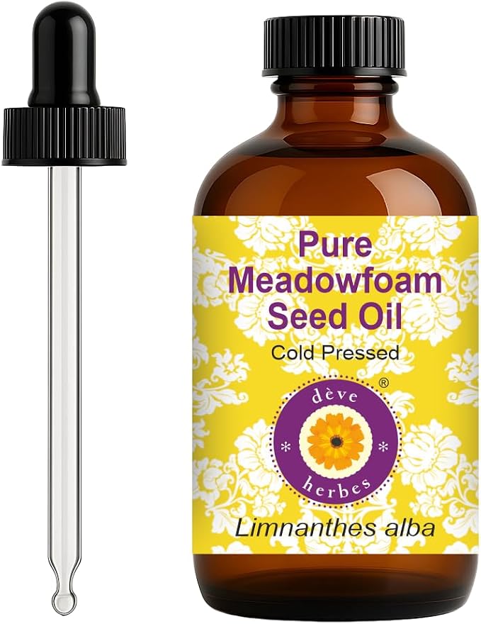 dève herbes Meadowfoam Oil (Limnanthes alba) with Glass Dropper | Cold Pressed | Pure | Natural | For Diluting Essential oils | Hair, Skin & Massage | Non-Sticky| Lightweight| Unisex | 120ml (4 oz)