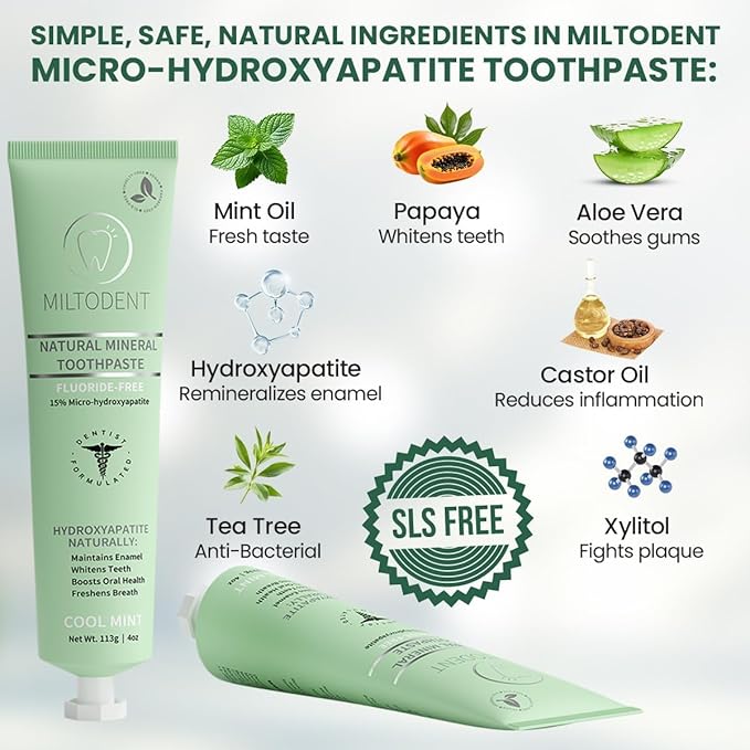 MILTODENT Premium Hydroxyapatite Toothpaste –15% Micro-Hydroxyapatite | Fluoride-Free, Best Taste, Foam-Free, Natural Mineralizing| Safe Alternative to Nano-Hydroxyapatite | SLS-Free & Natural - 3Pack