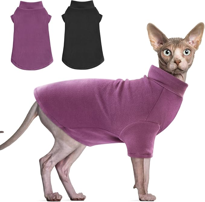 Idepet Sphynx Cats Sweater 2 Pack,Turtleneck Hairless Cat Shirt Soft and Warm Kitten Clothes with Sleeves Pullover Pet Winter Pajamas Jumpsuit for Cat Puppy (Black&Purple, X-Large)