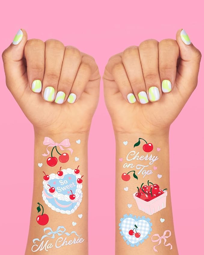 xo, Fetti Cherry Temporary Tattoos - 50 Iridescent Foil Pcs | Ma Cherie Baby Shower, Cherry on Top Bachelorette Decorations, Birthday Decor, Kids Picnic Tablescape