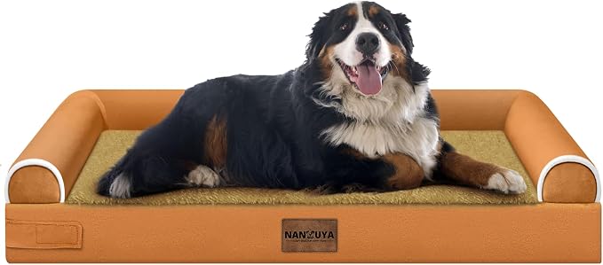 Orthopedic Dog Bed for Jumbo Dogs, 53 x 42 Inch, Orange | Egg crate foam for joint support, 3-sided bolster pet sofa, waterproof lining, washable cover, and non-skid base