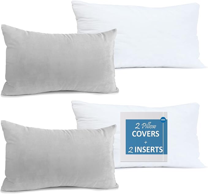 Throw Pillow Inserts Pack of 2 with Velvet Soft Solid Decorative Square Throw Pillow Covers Set for Sofa Couch Car Bedroom, 12X20 Throw Pillows Inserts with 12x18 Washable Cushion Covers, Light Grey