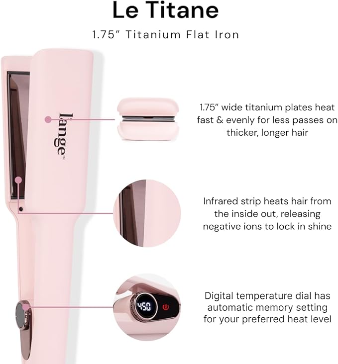 L'ANGE HAIR Le Titane Titanium Flat Iron | Hair Straightener with Curved Edges for Versatile Styling | Dual Voltage Flat Iron with Infrared Heat & Adjustable Temperature | 1.75" Blush
