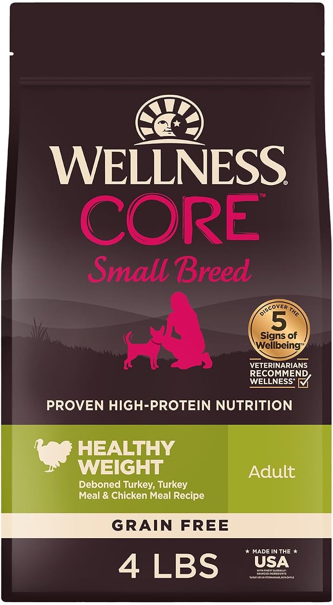 Wellness CORE Healthy Weight Small Breed Adult Dry Dog Food, Grain Free Kibble, Natural, High Protein, Turkey and Chicken Recipe, 4 lb Bag