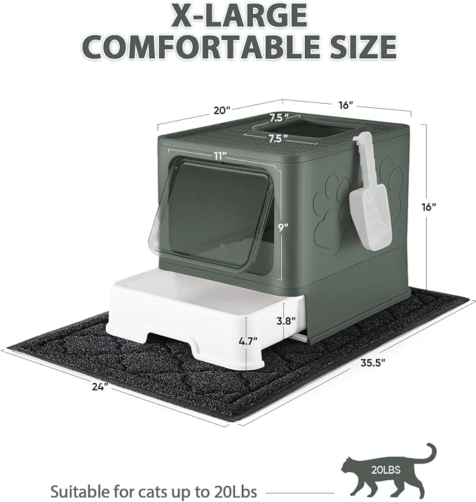 Cat Litter Box with X-Large Litter Mat and Scoop(Upgrade Olive Green) | Large Covered Litter Box with Lid, Enclosed Kitty Box,Front Top Entry Exit, Odor Control Easy to Clean