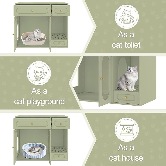 Hidden Cat Litter Box Enclosure Furniture with LED Light, Modern Litter Box Cabinet with Drawers & Acrylic Door, Multi-Entry Cat House Sideboard for Living Room, 37.4"W x 15.6"D x 31.5"H,Green
