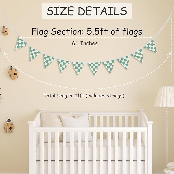 Green Classroom Wall Decor, Green and White Checkered Garland Triangle Banners, Boys Room Wall Art Decor,Cars Room Decor for Toddler Nursery Playroom,Racing Flag 11Ft Bunting Flags Fabric