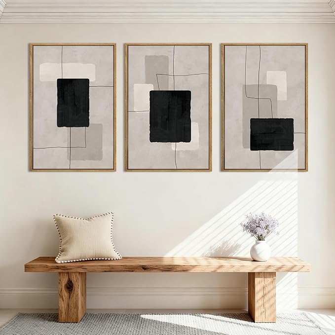 ANHUIB Modern Abstract Wall Art Canvas,Neutral Abstract Wall Art Framed,Contemporary Minimalist Prints,Geometric Line Artwork,3 Piece 24 * 36IN Mid Century Painting for Living Room Bedroom Office