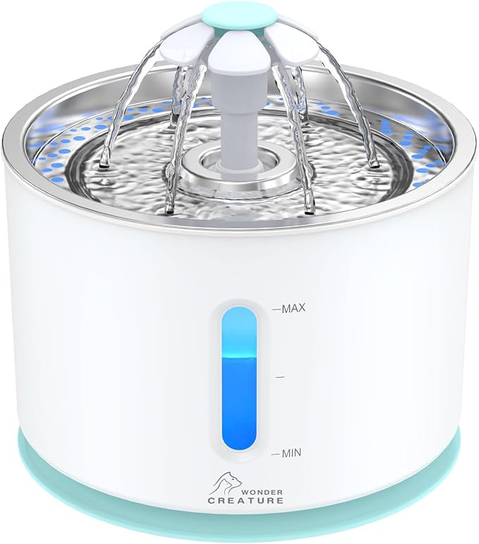 Wonder Creature Cat Water Fountain Stainless Steel Lid 81oz | Quiet Pet Fountain, LED Water Level Window, Multi-Layer Filter, Dishwasher-Safe Stainless Steel Lid for Cats and Dogs